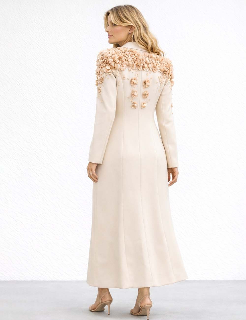 Ladies Luxury 3D Floral Lapel Collar Flared Hem Blazer Coat Maxi Dress
