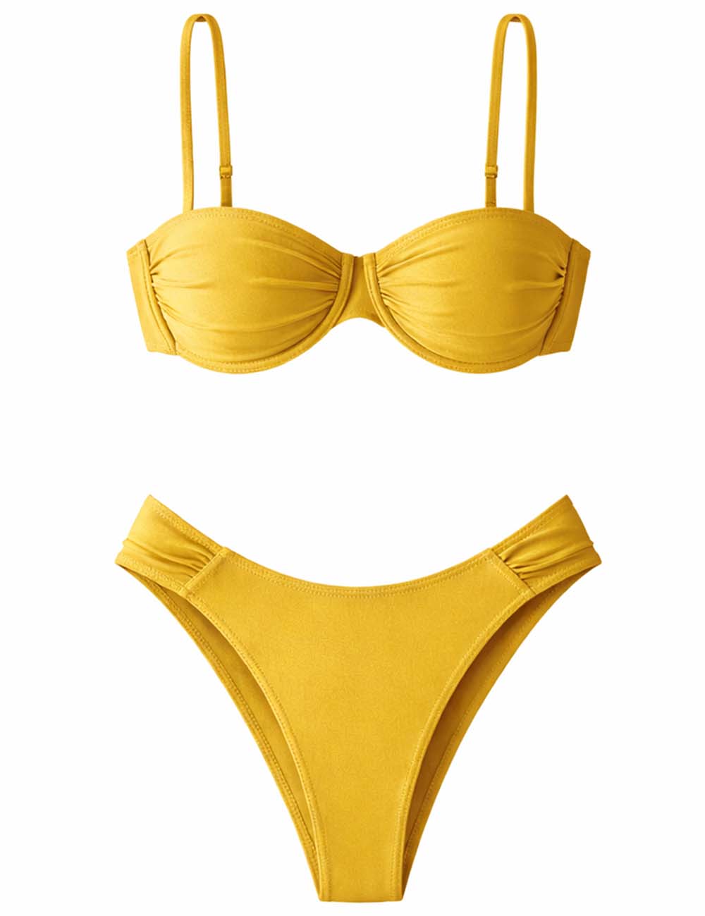 Ladies Solid Color Spaghetti Ruched Underwire Bikini Set