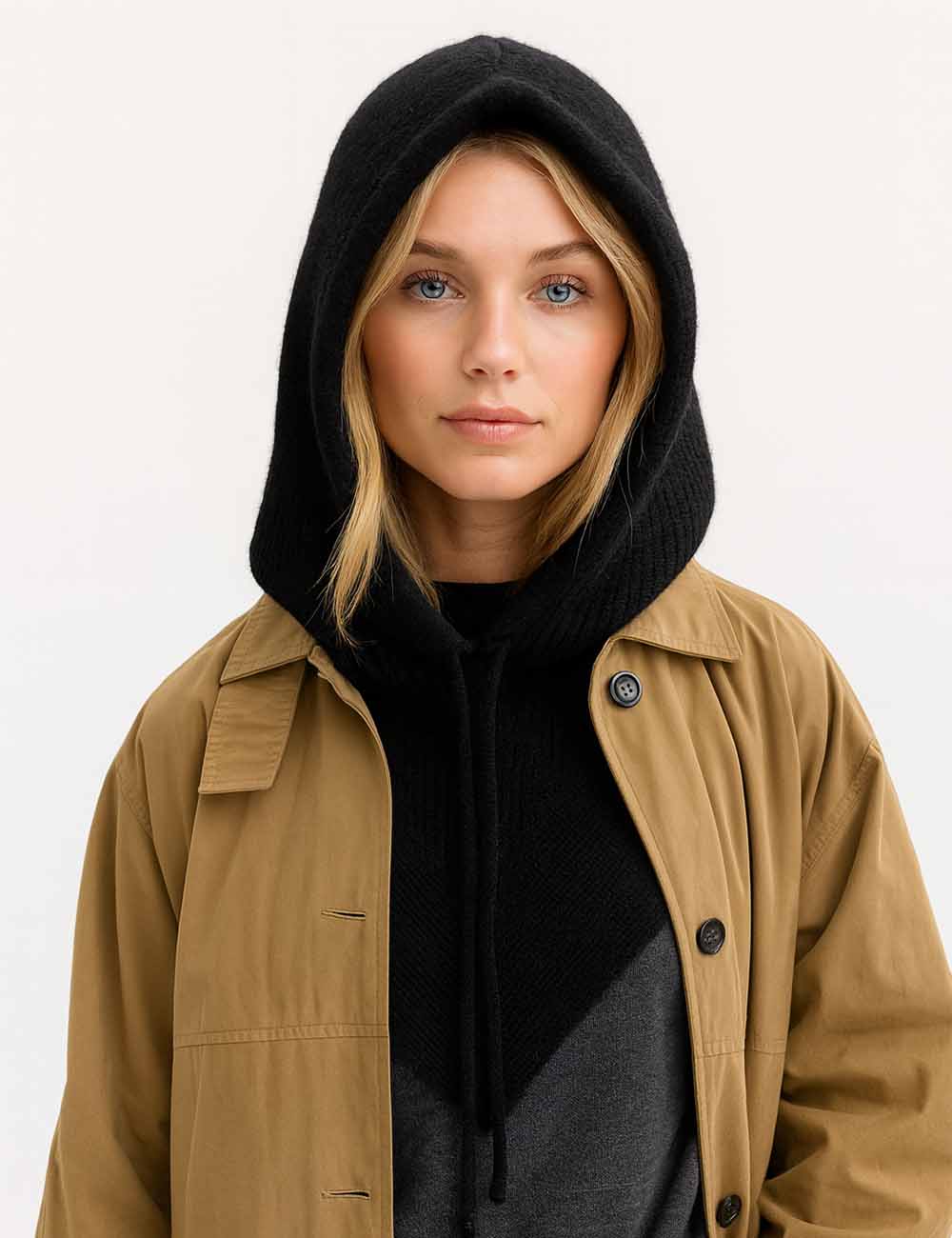 Ladies Simple Fashionable Drawstring Hooded Knit Scarf