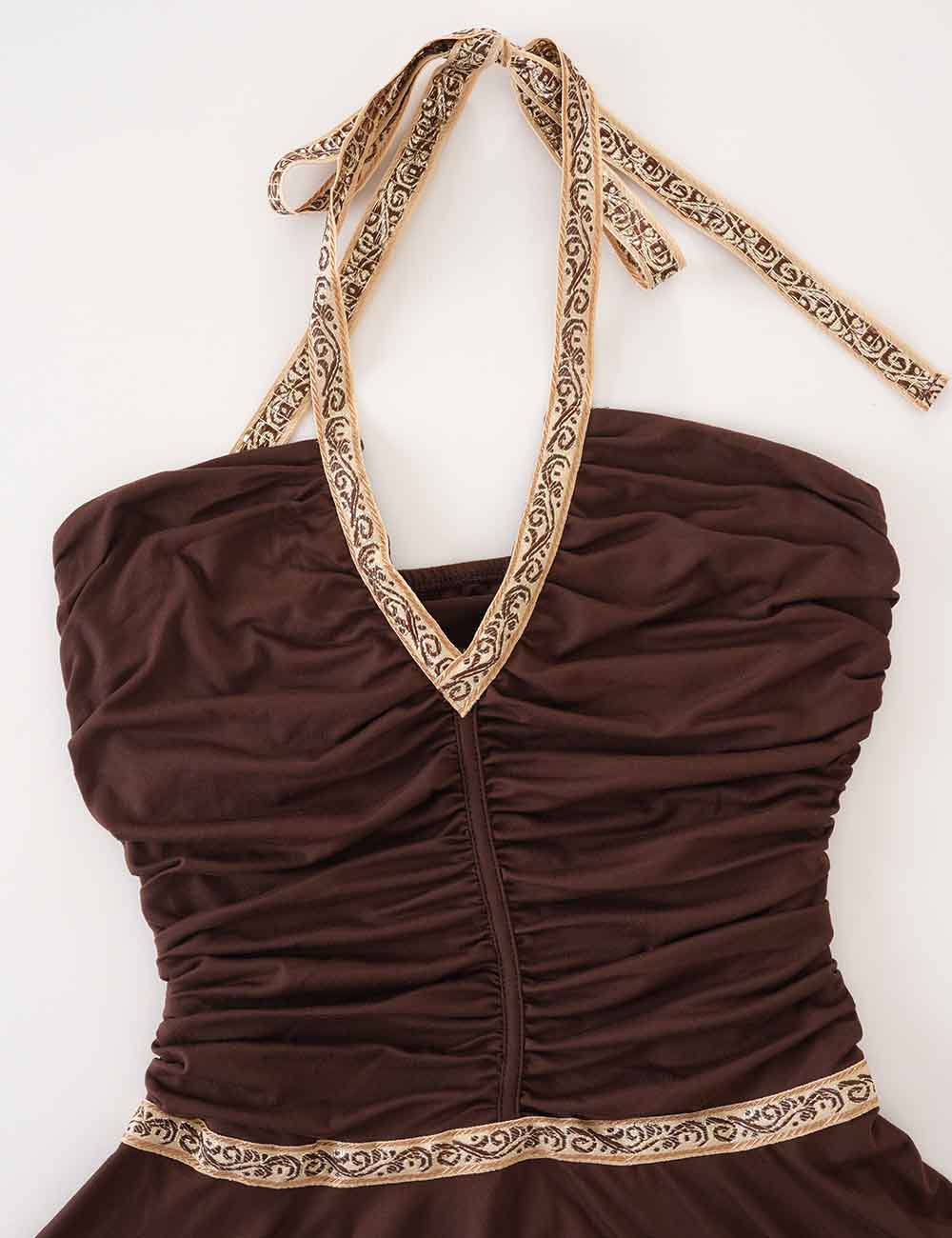 Ladies Halter Neck Ruched Contrast Trim Irregular Mini Dress