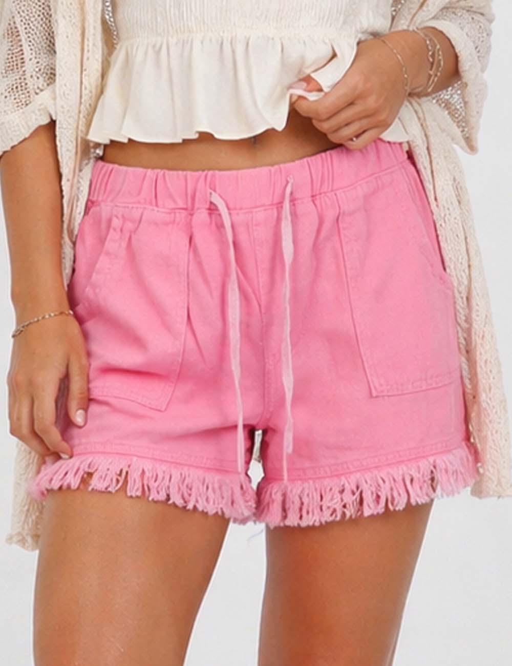 Ladies Solid Color Drawstring Waist Frayed Hem Denim Shorts