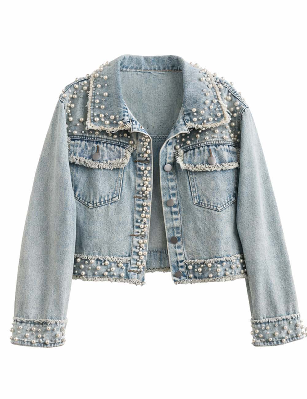 Ladies Faux Pearl Beaded Frayed Hem Cropped Denim Jacket