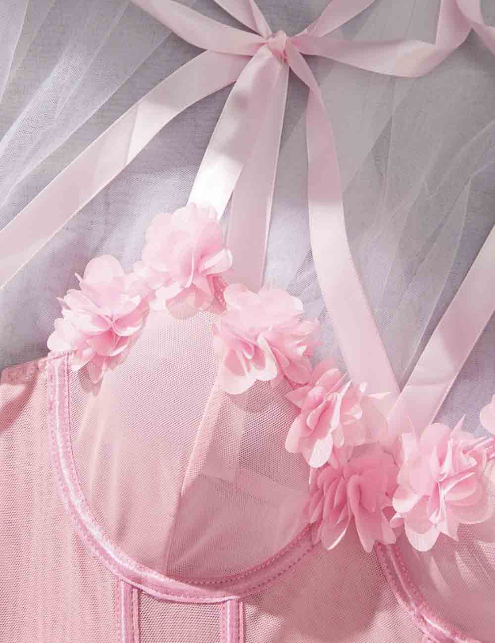 Ladies Floral Splice See Through 2PCS Lingerie Set 8HF4328