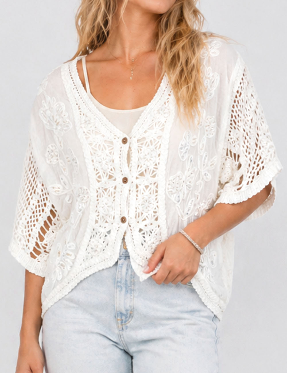 Ladies Boho Embroidery Crochet Knit Kimono Sleeves Cardigan