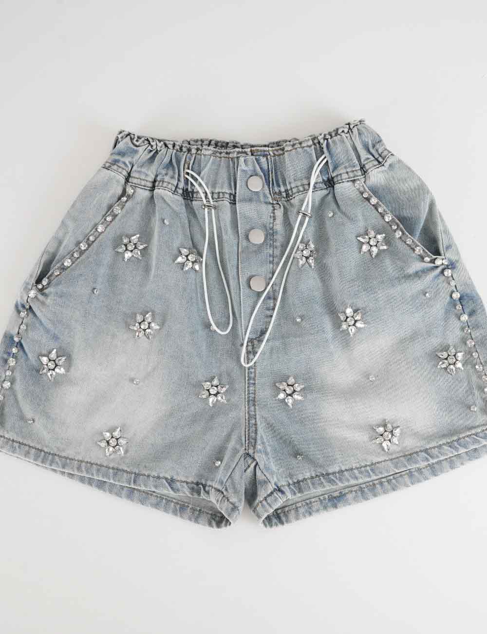 Ladies Rhinestone Star Drawstring Waist Wide Leg Denim Shorts