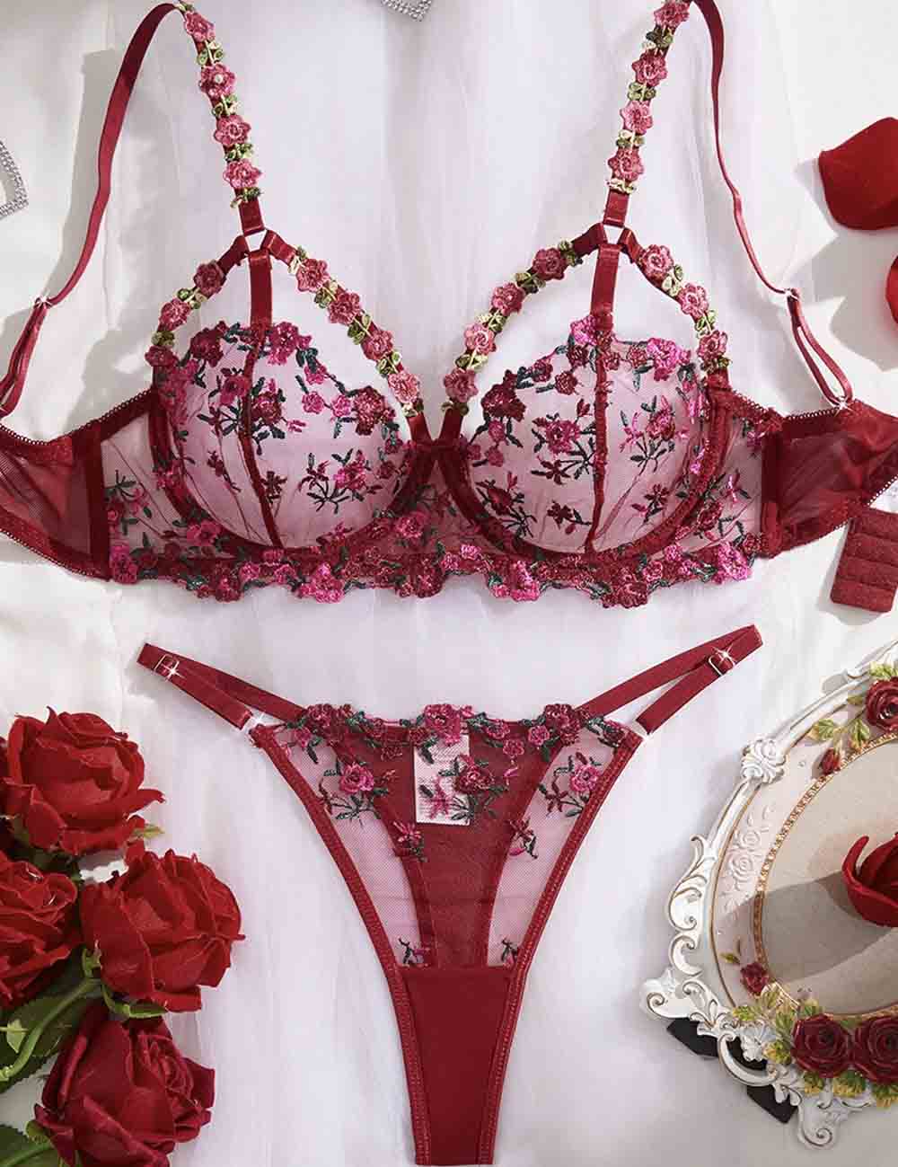 Ladies Floral Embroidery See Through 2PCS Lingerie Set 8XX0226