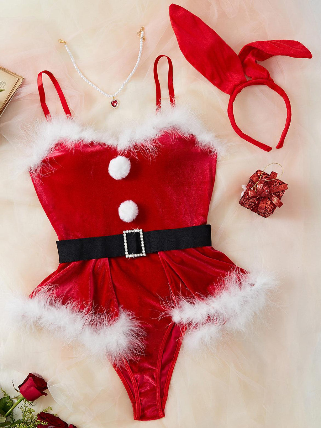 Ladies Christmas Miss Rabit Red Velvet Fluffy Teddy Set SKLG4007
