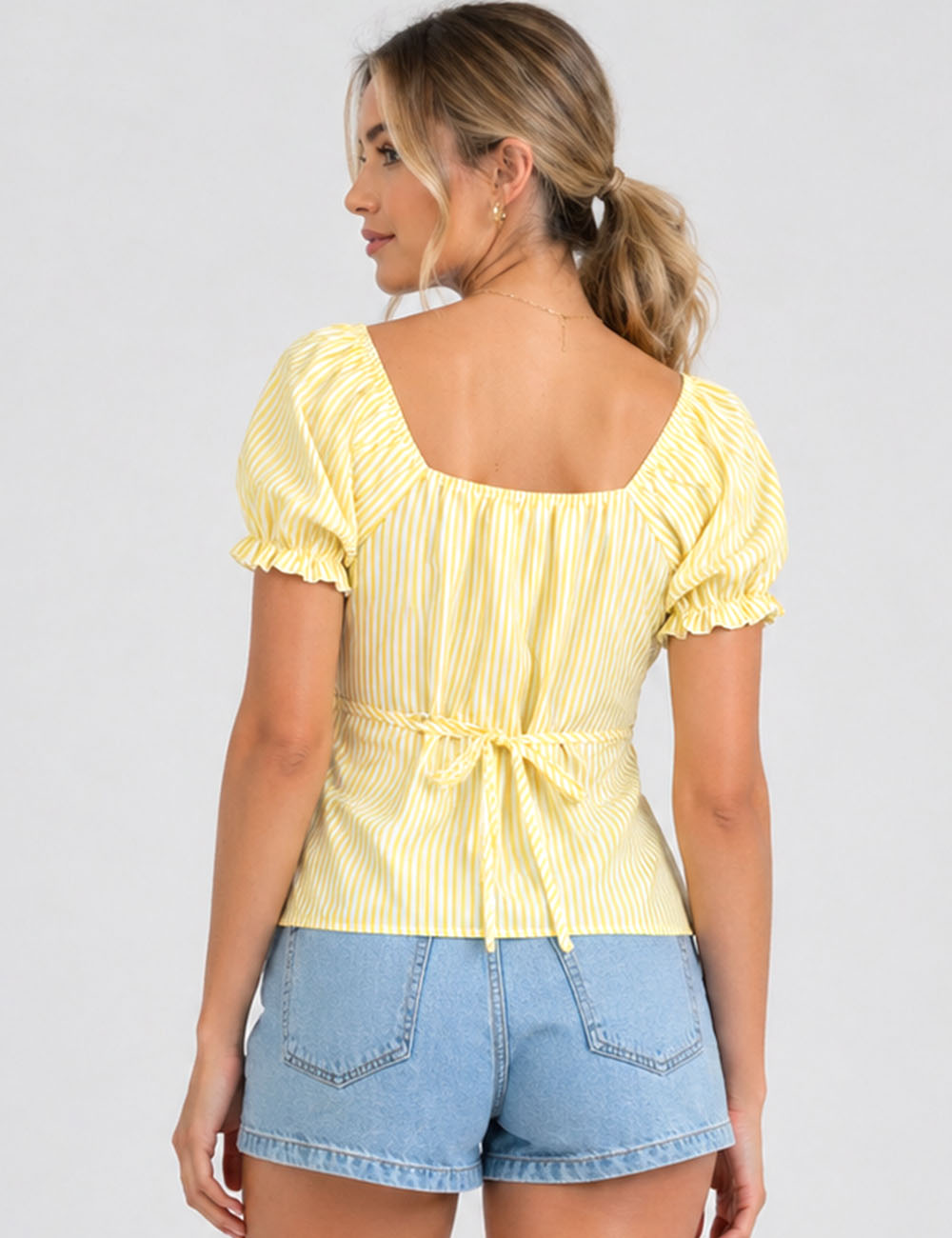 Ladies Striped Puff Sleeves Button Front Crop Top