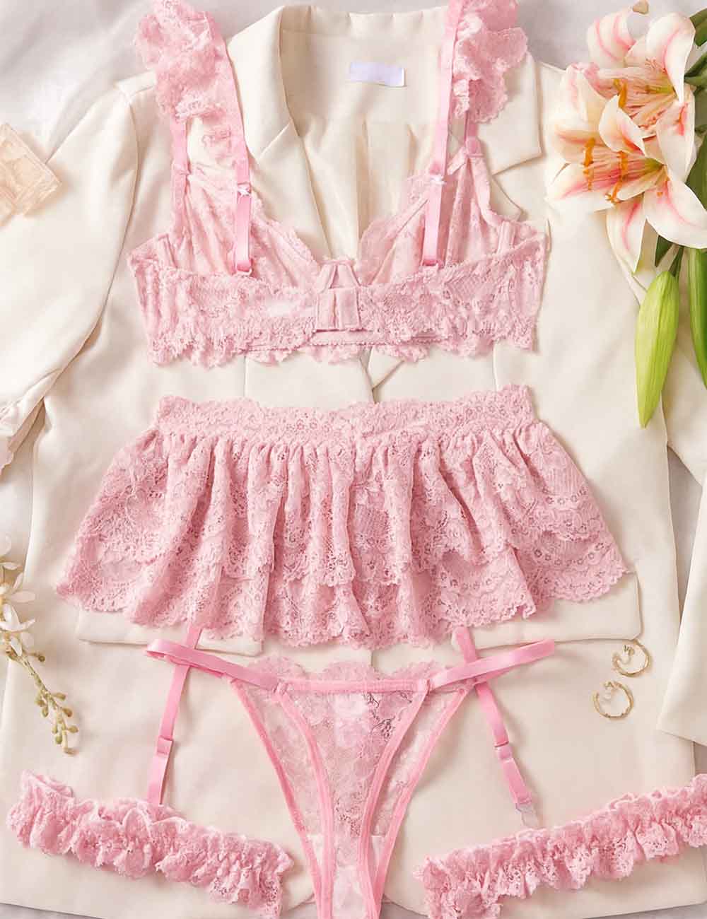 Ladies Sexy Tiered Lace Ruffle Garter 4PCS Lingerie Set