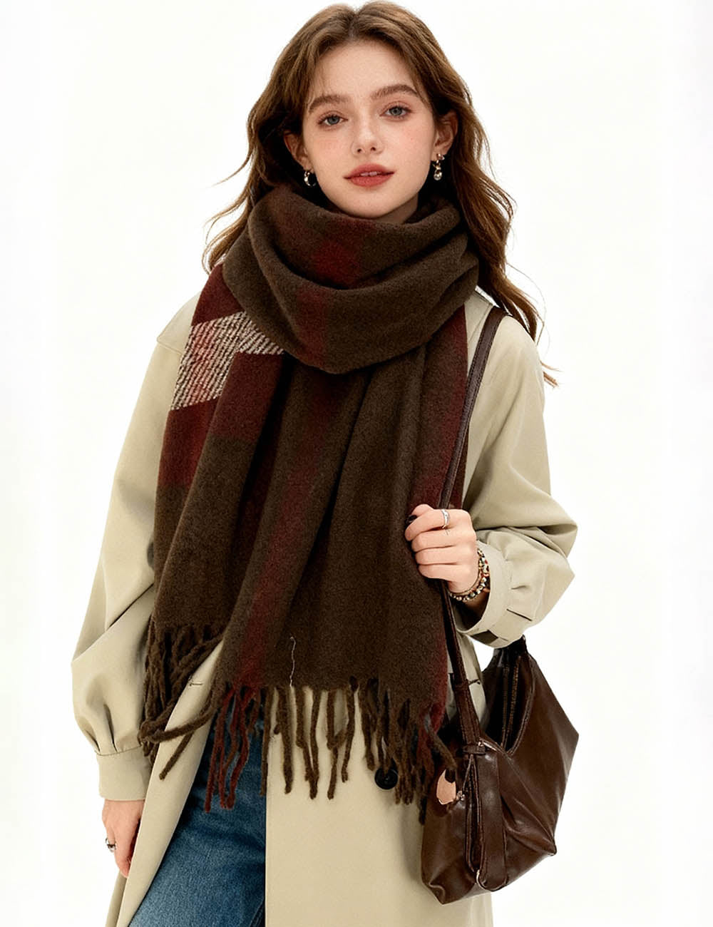Ladies Cozy Winter Plaid Tassel Knit Scarf