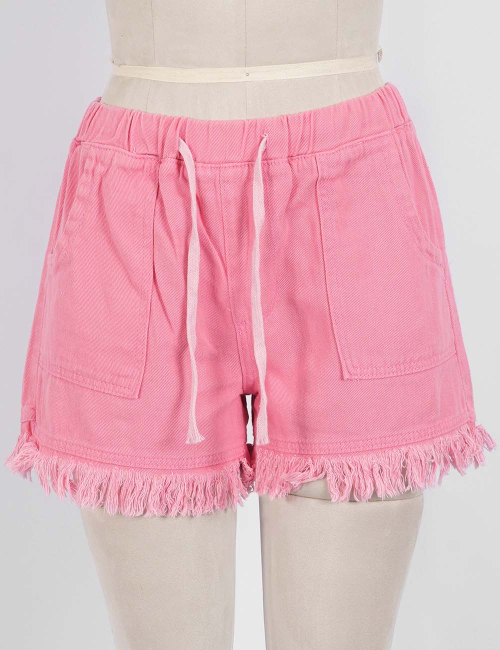 Ladies Solid Color Drawstring Waist Frayed Hem Denim Shorts
