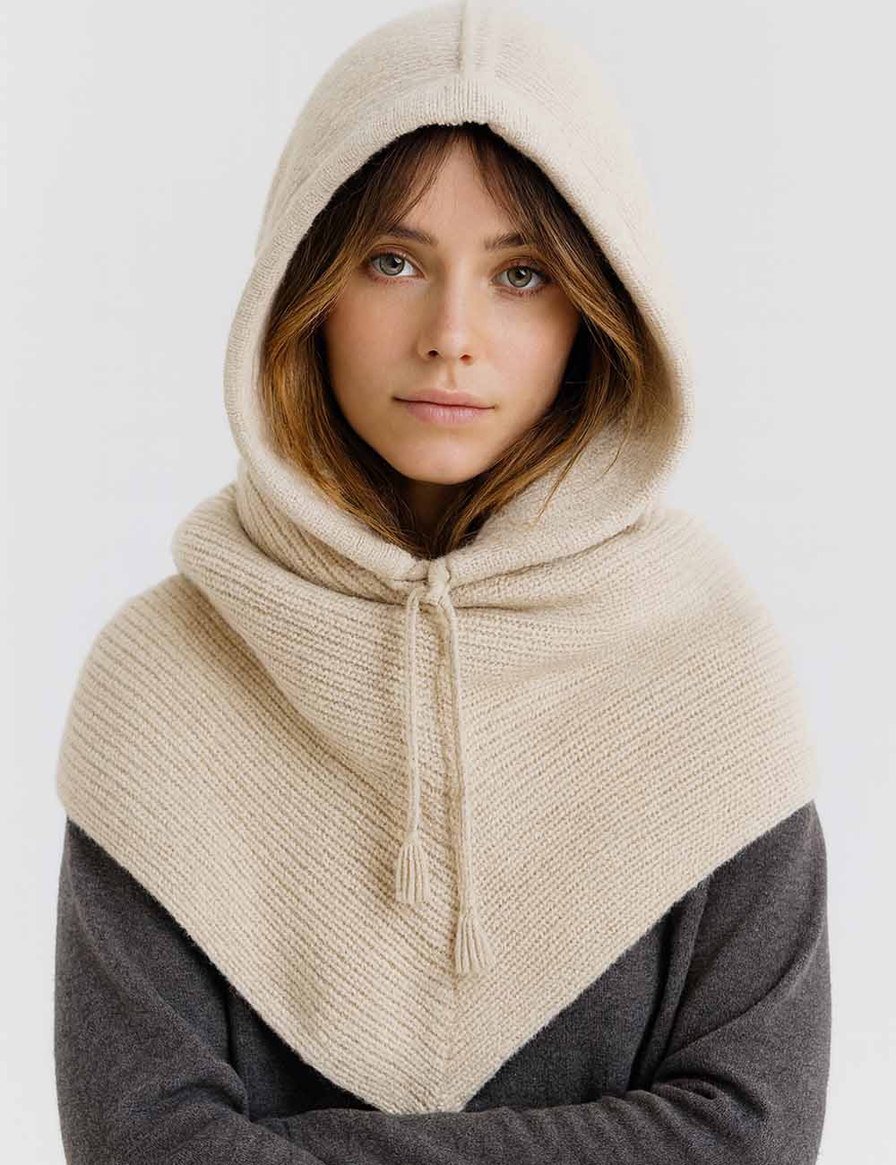Ladies Simple Fashionable Drawstring Hooded Knit Scarf