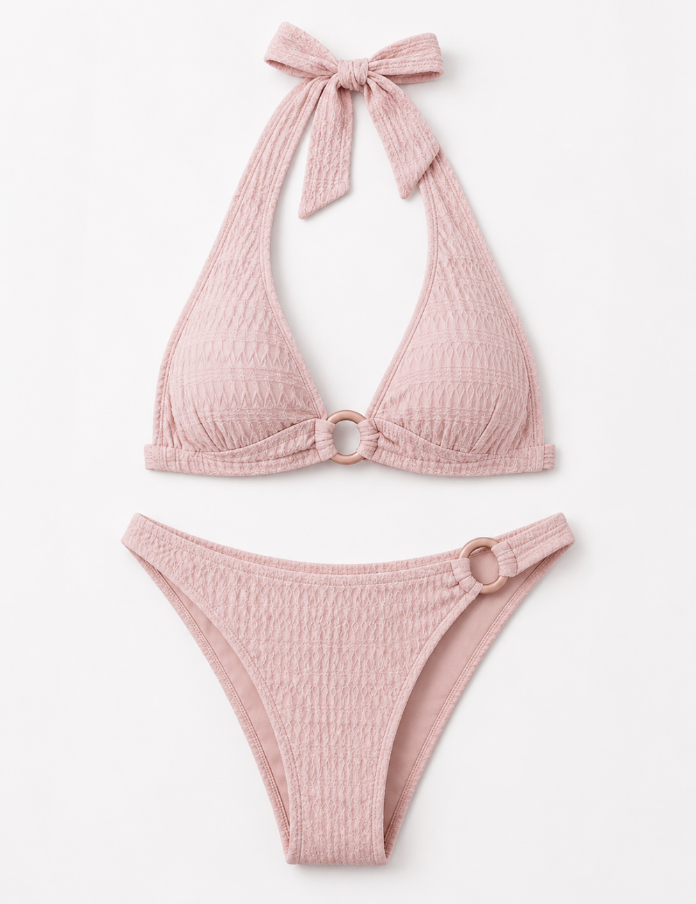 Ladies Solid Color Ring Halter V-Neck Triangle Bikini Set