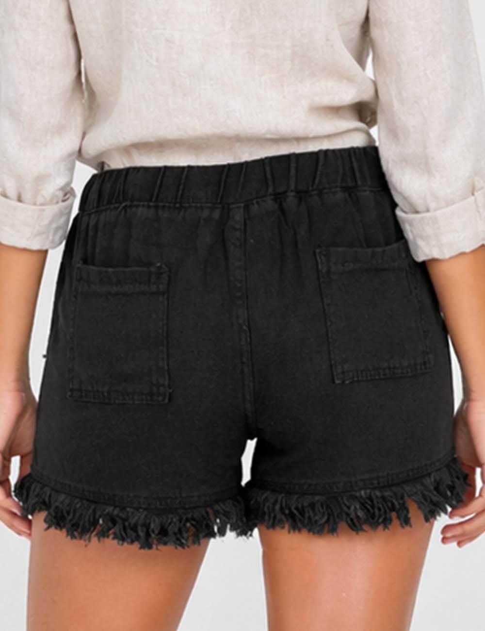 Ladies Solid Color Drawstring Waist Frayed Hem Denim Shorts