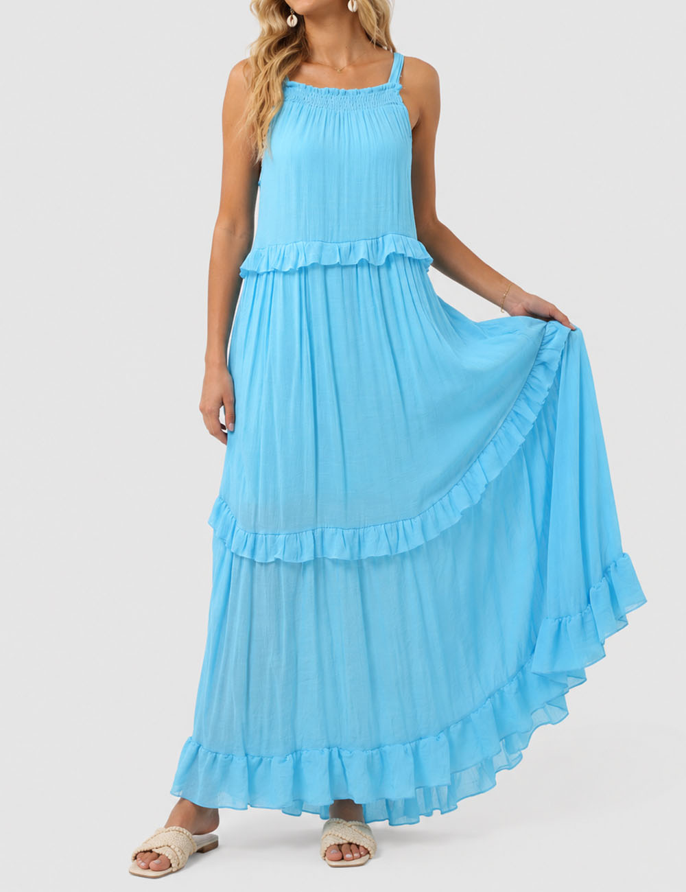 Ladies Boho Ruffle Tiered Hem Sleeveless Solid Color Maxi Dress