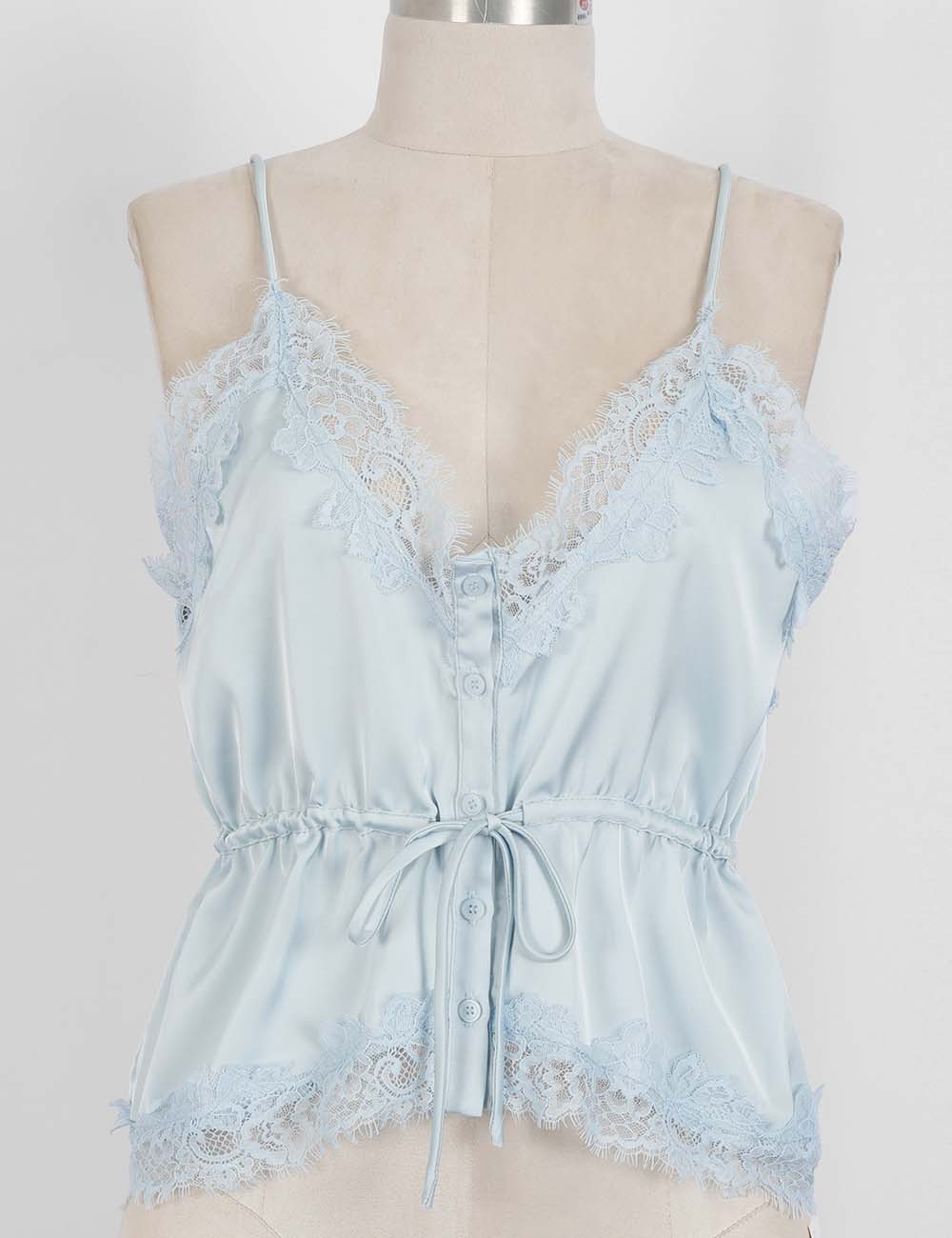 Ladies Romantic Stain Lace Trim V-Neck Waist Drawstring Cami Top