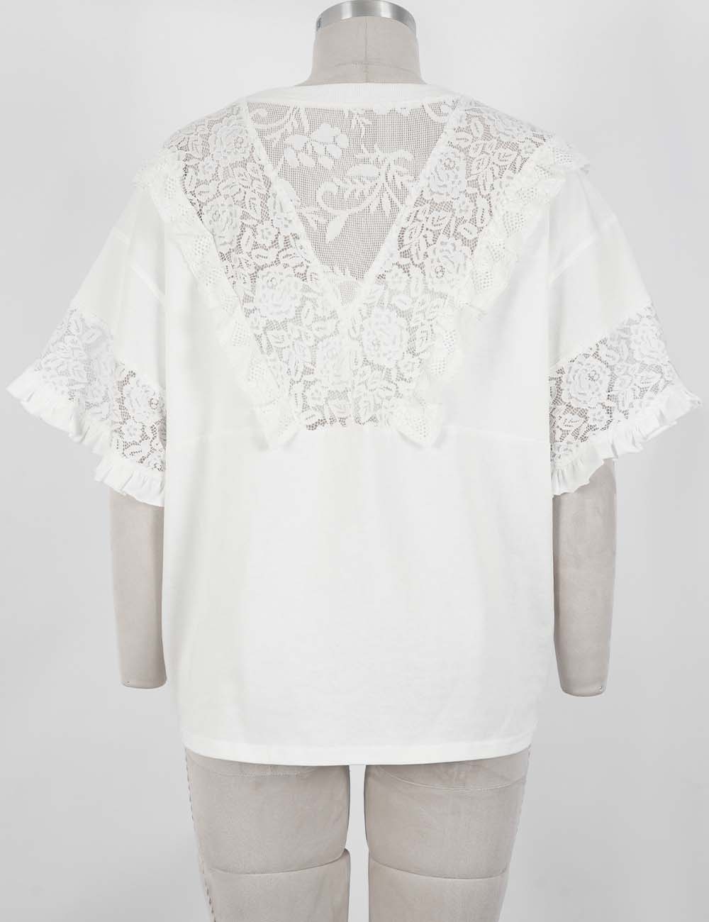 Ladies Romantic Lace Round Neck Ruffle Sleeves Top