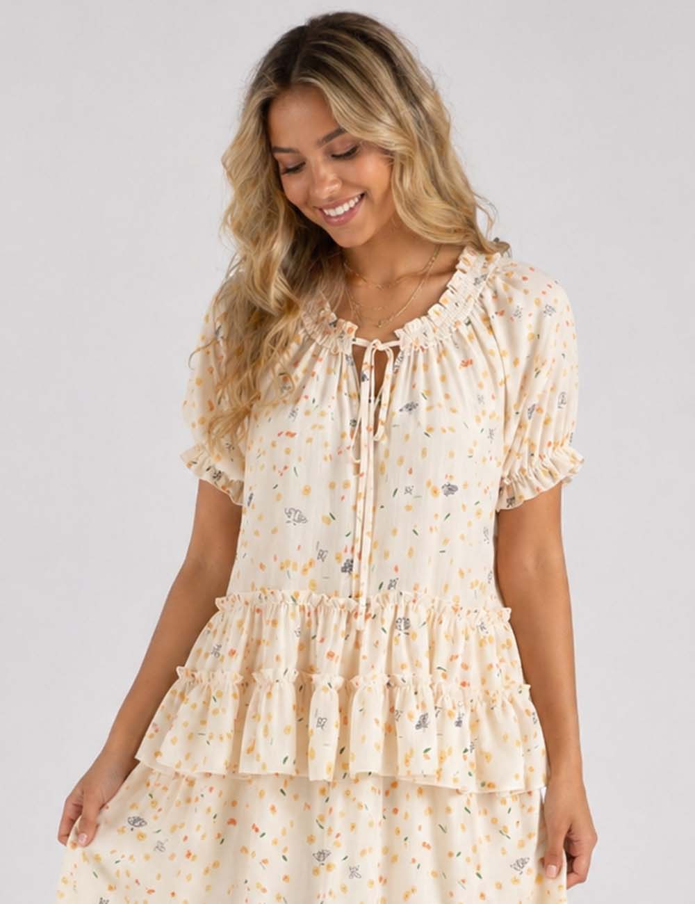 Ladies Floral Print Ruffle Hem Tie Neck Short Sleeves Babydoll Blouse