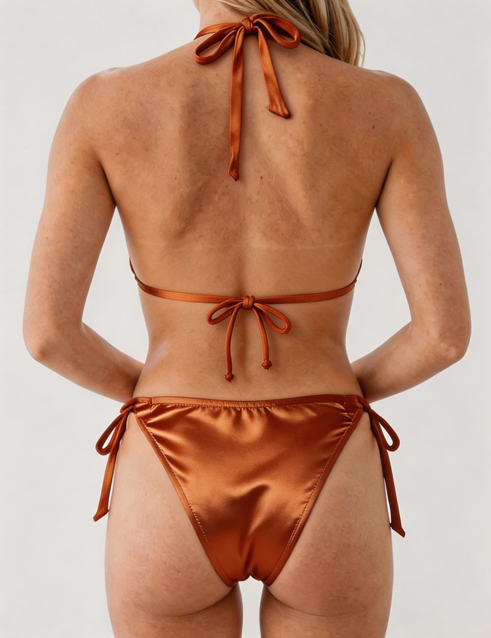 Ladies Solid Color Gold Buckle Halter Neck Triangle Bikini Set