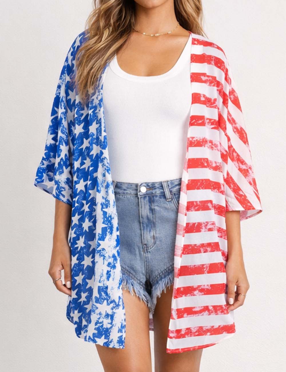 Ladies 4th of July Striped Star Print Kimono Sleeves Beach Cover Up
