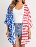 Ladies 4th of July Striped Star Print Kimono Sleeves Beach Cover Up