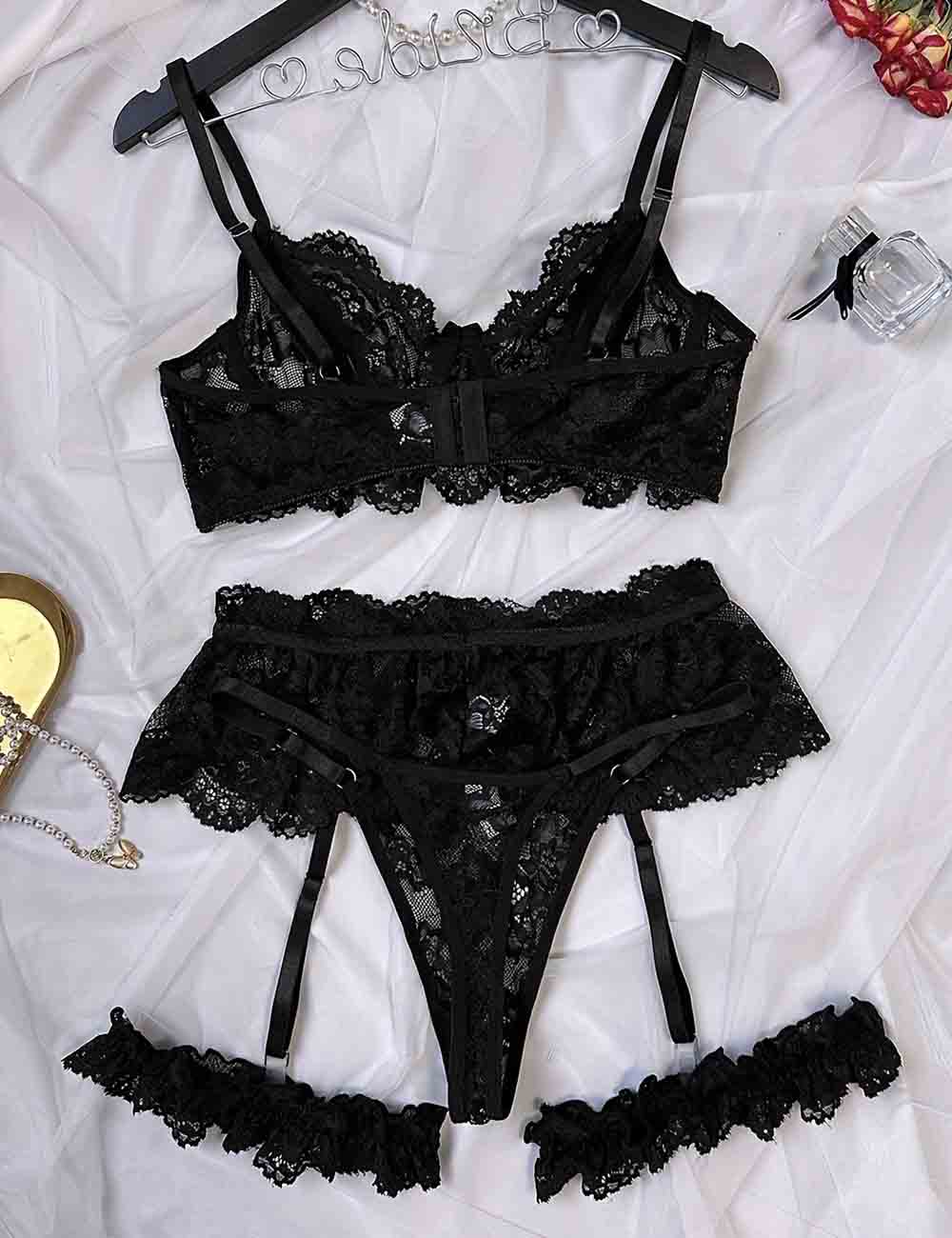 Ladies Floral Lace See Through 3PCS Lingerie Set 8HF1129