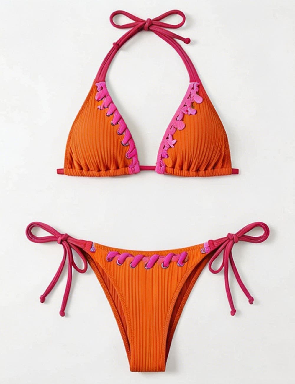 Ladies Braided Trim Ribbed Halter Triangle 2 Piece Bikini Set