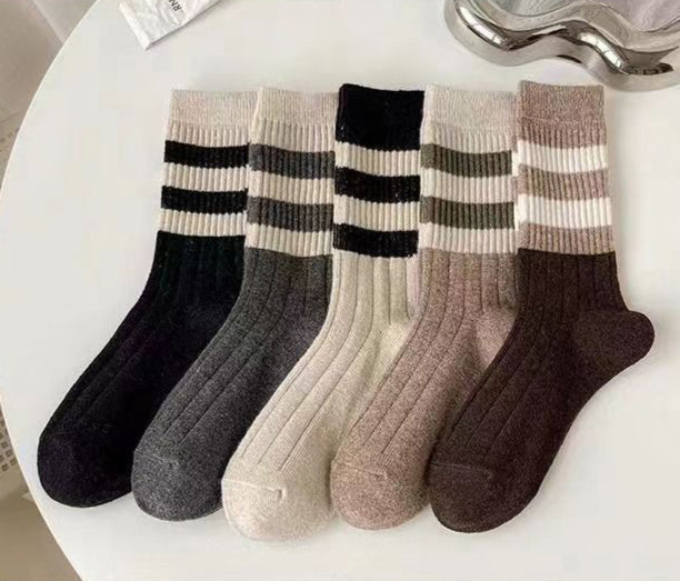 Ladies Rib Knit Color Block Stripe Socks SKASC4176