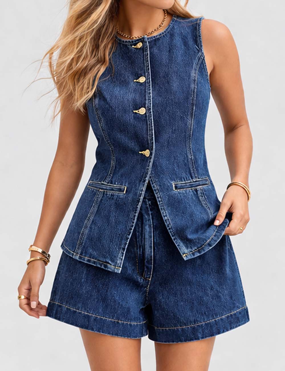 Ladies Sleeveless Button Front Denim Vest & Shorts Matching Set