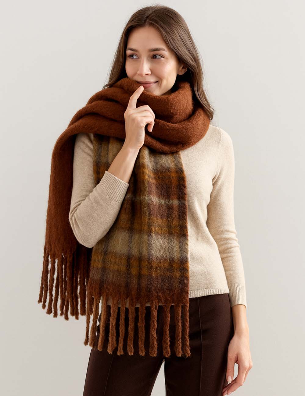 Ladies Winter Bouclé Yarn Checked Fringe Shawl Knit Scarf