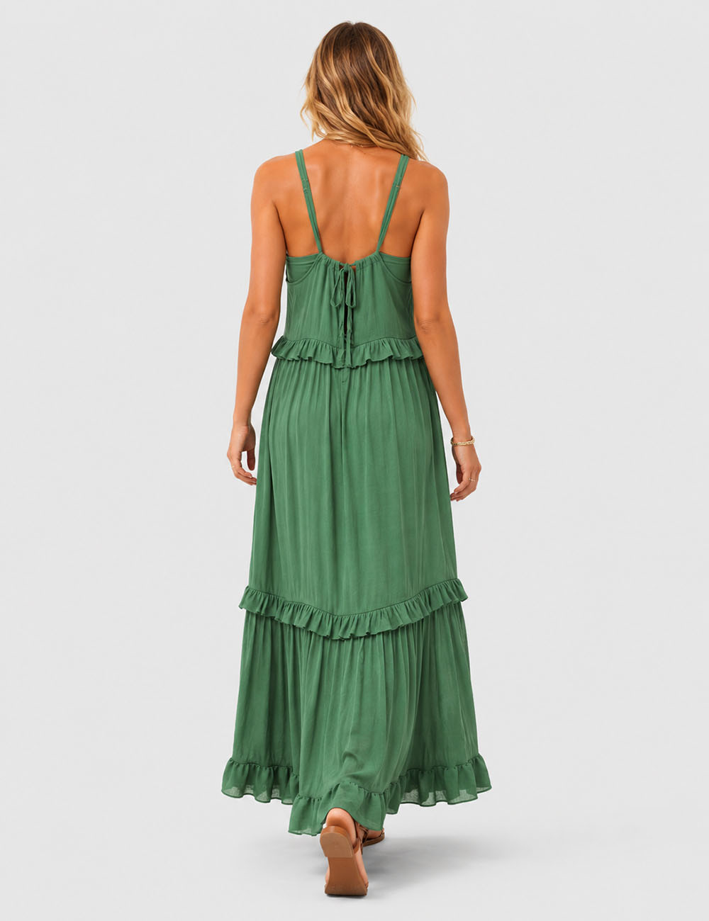 Ladies Boho Ruffle Tiered Hem Sleeveless Solid Color Maxi Dress