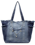 Ladies Large Capacity Frayed Denim Tote Bag