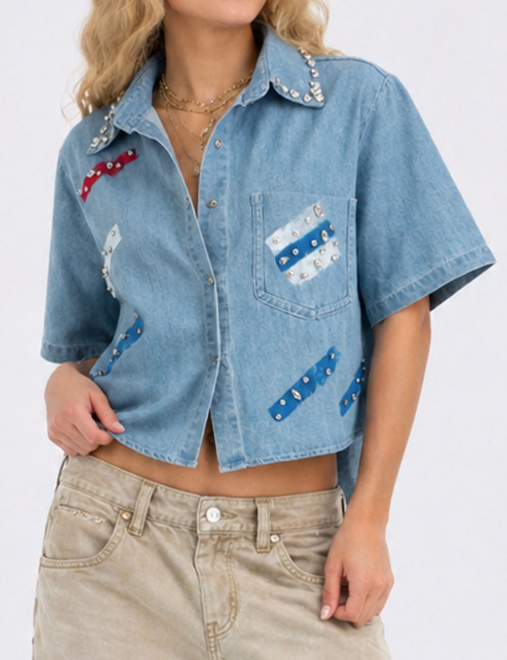 Ladies Rhinestone Shirt Collar Short Sleeves Button-Up Denim Top