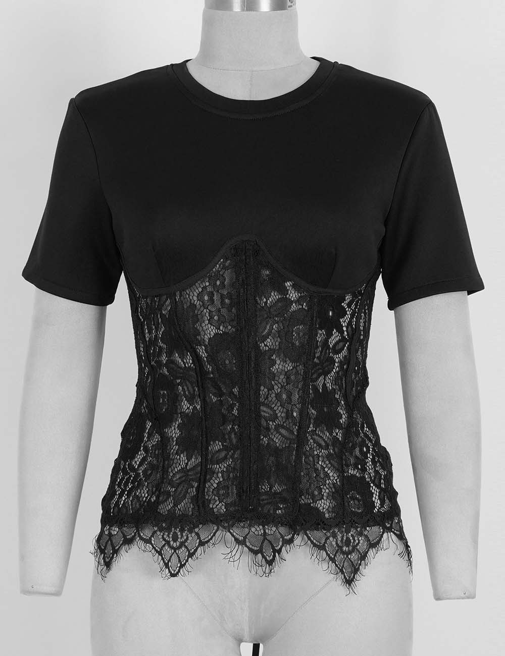 Ladies Lace Scalloped Hem Round Neck Short Sleeves Top