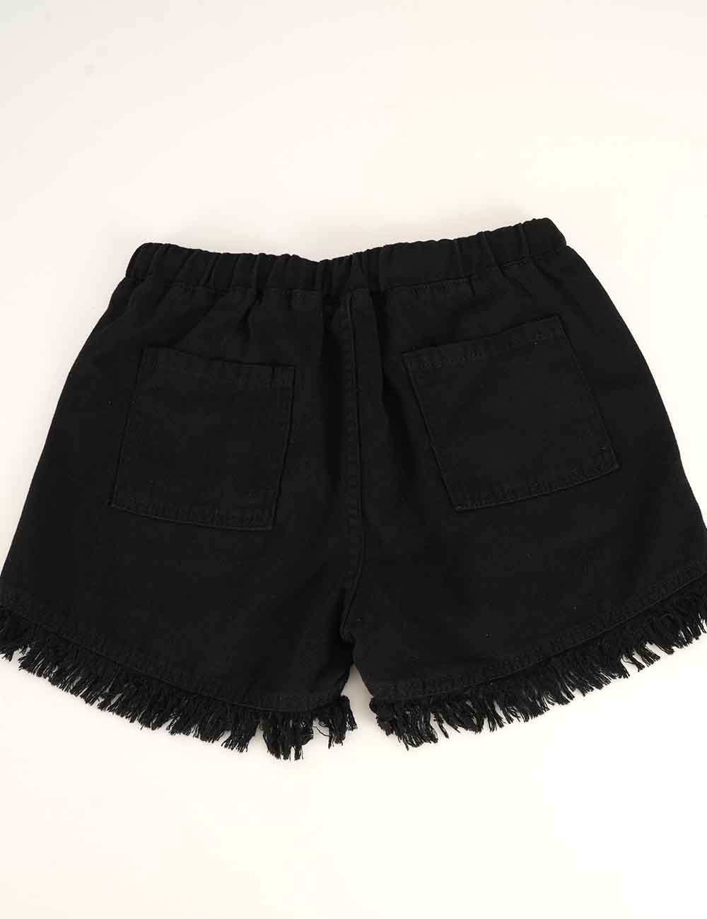 Ladies Solid Color Drawstring Waist Frayed Hem Denim Shorts