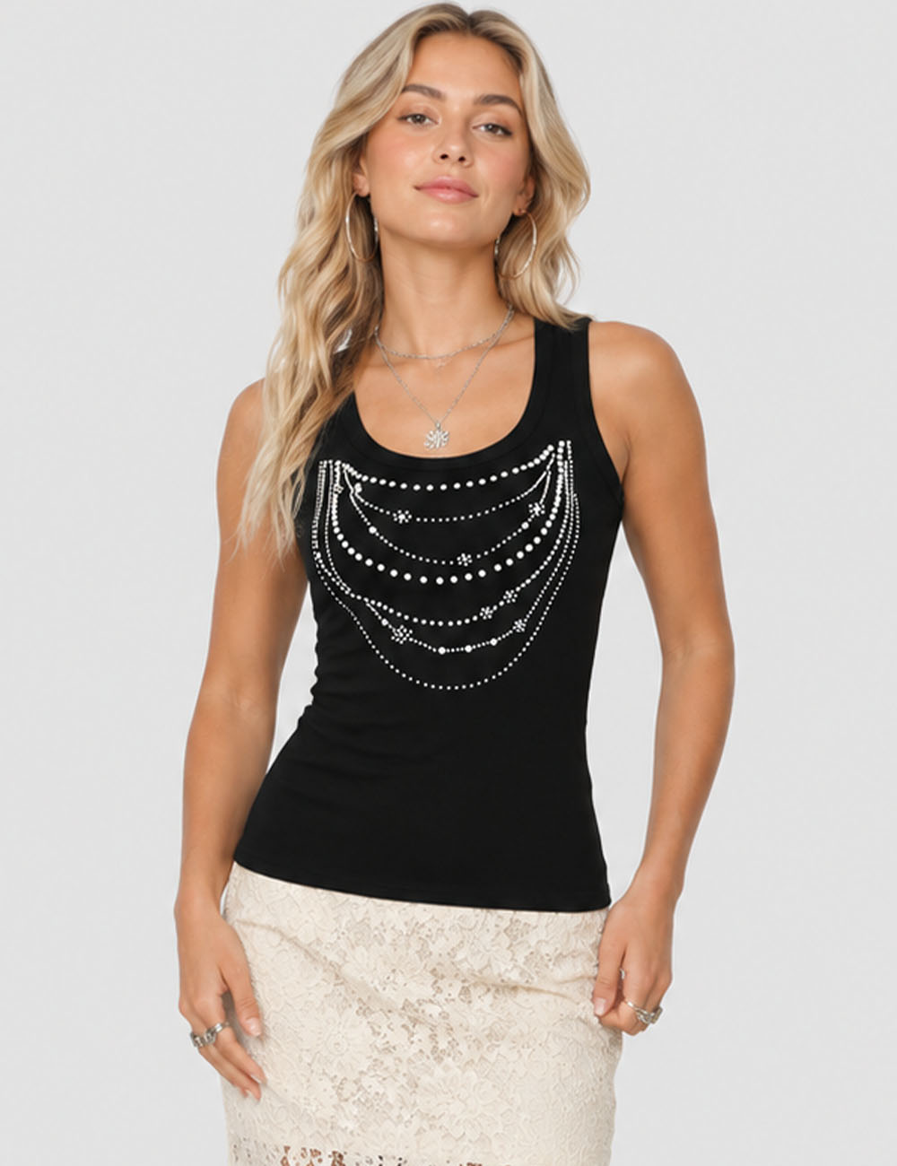 Ladies Chic Rhinestone Chain Detail Racerback Tank Top
