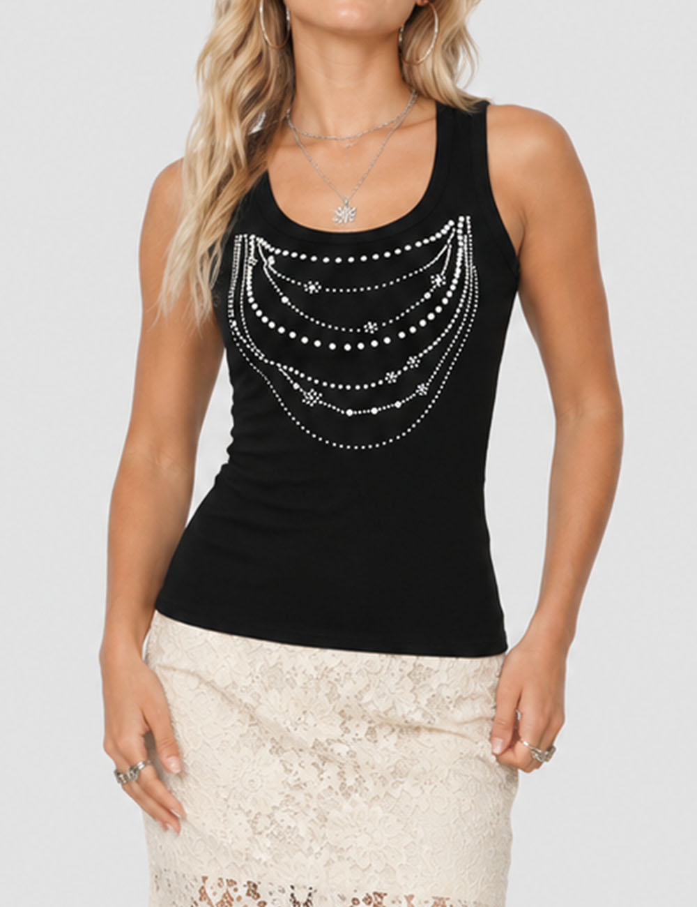 Ladies Chic Rhinestone Chain Detail Racerback Tank Top