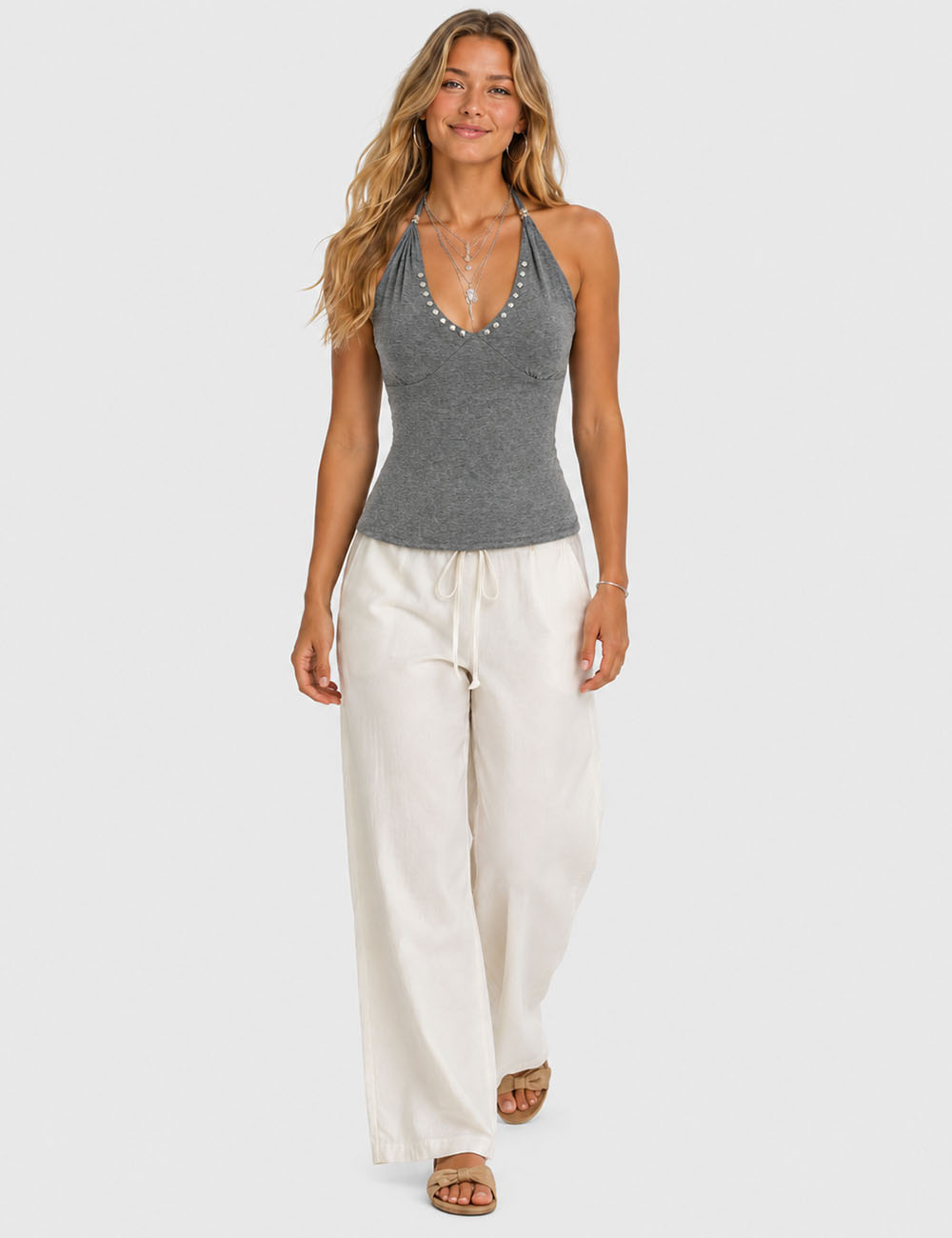 Ladies Chic Metal Stud Halter Neck Sleeveless Top
