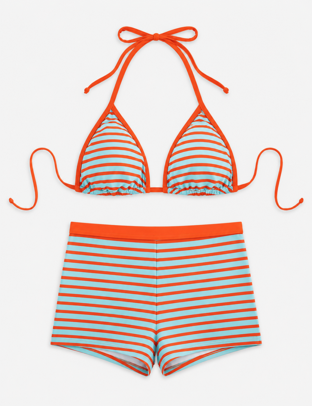 Ladies Simple Stripe Back Tie Halter Triangle Bikini Set