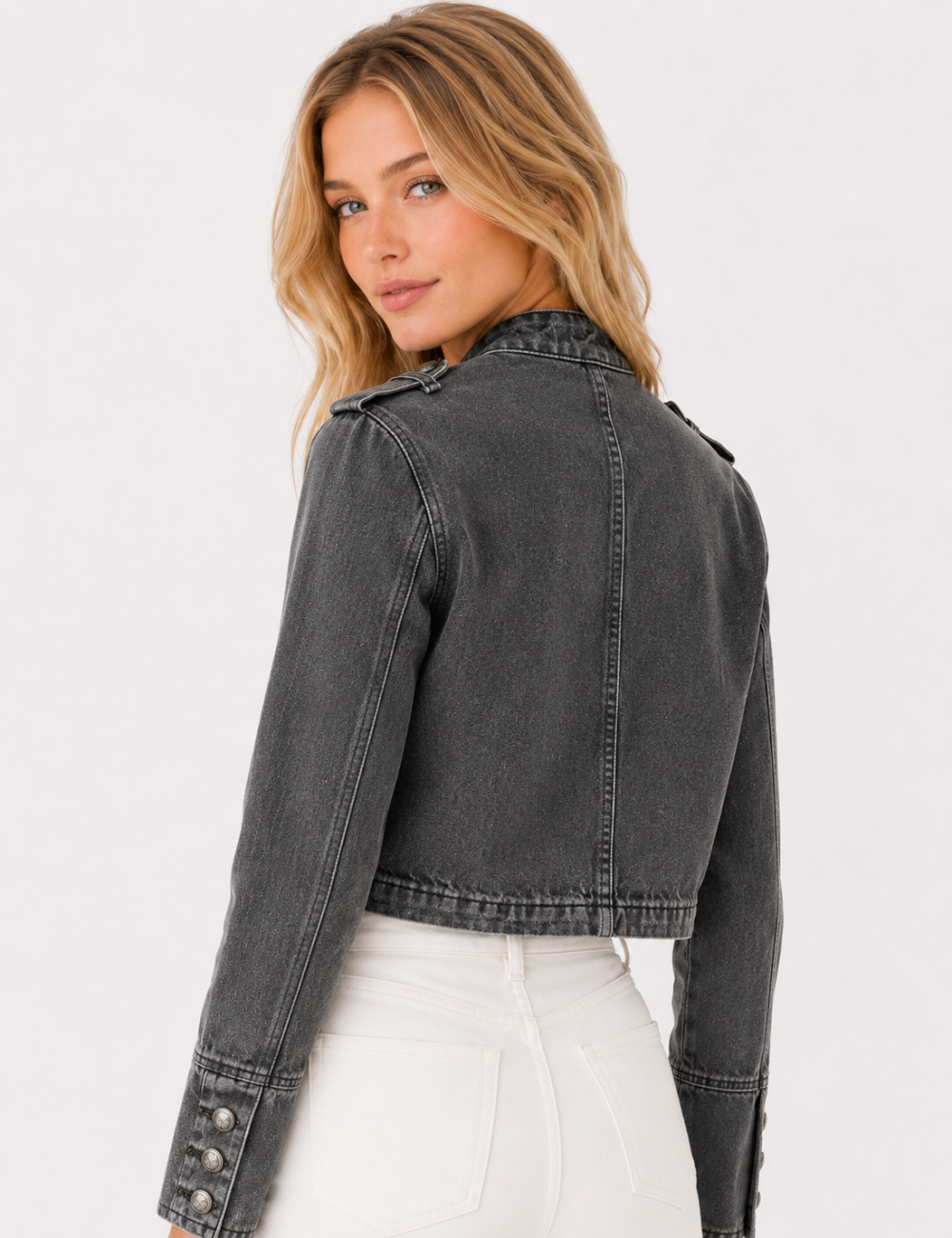 Ladies Casual Button Front Long Sleeves Denim Jacket