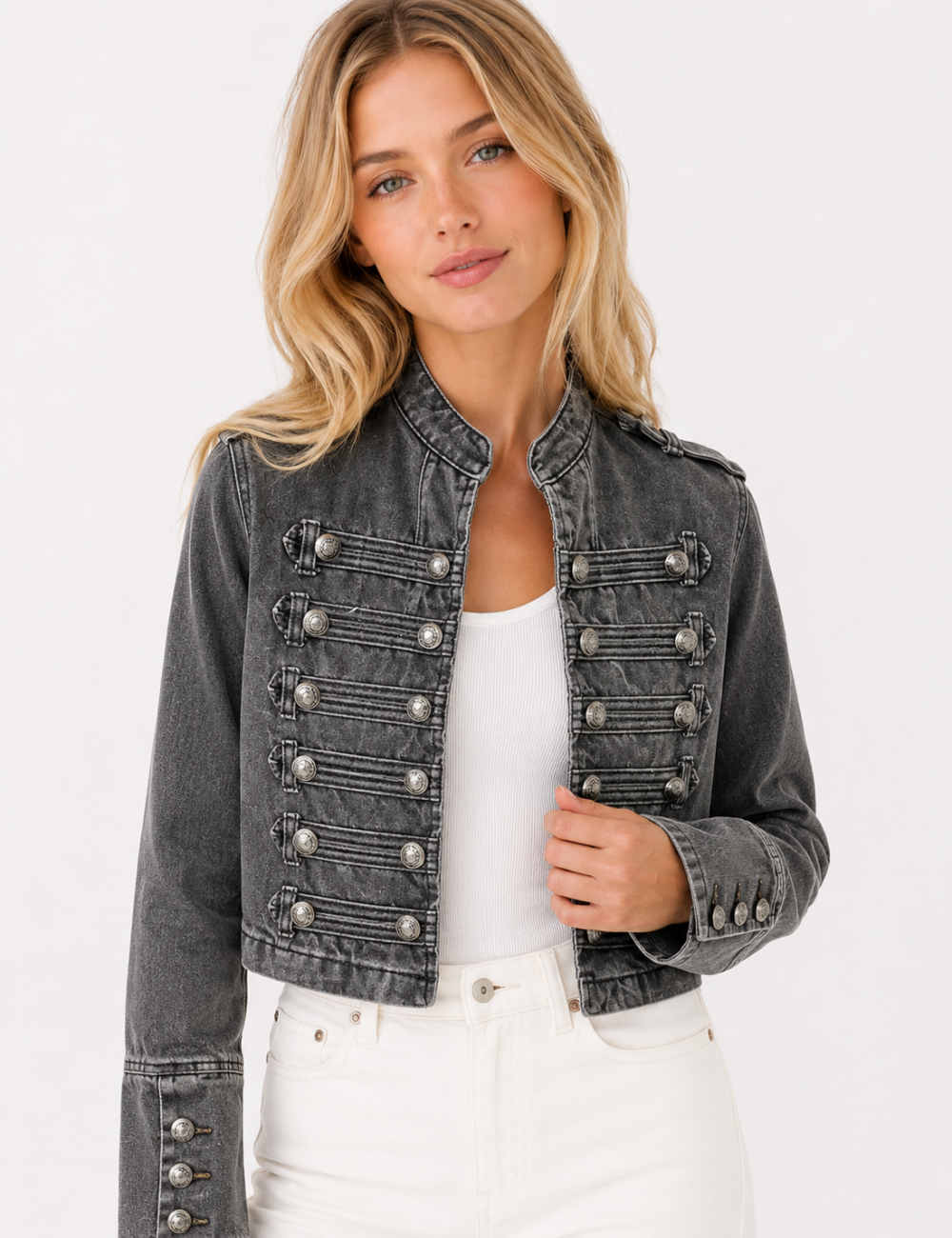 Ladies Casual Button Front Long Sleeves Denim Jacket