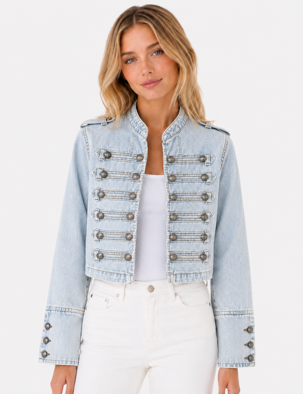 Ladies Casual Button Front Long Sleeves Denim Jacket