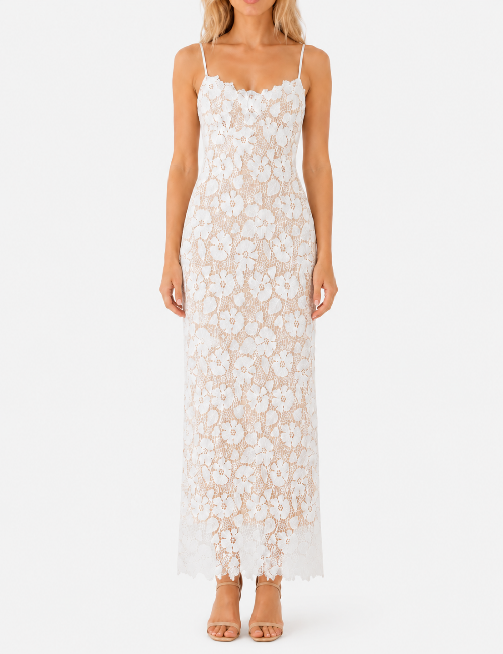 Ladies Chic Floral Embroidery Lace Spaghetti Strap Maxi Dress