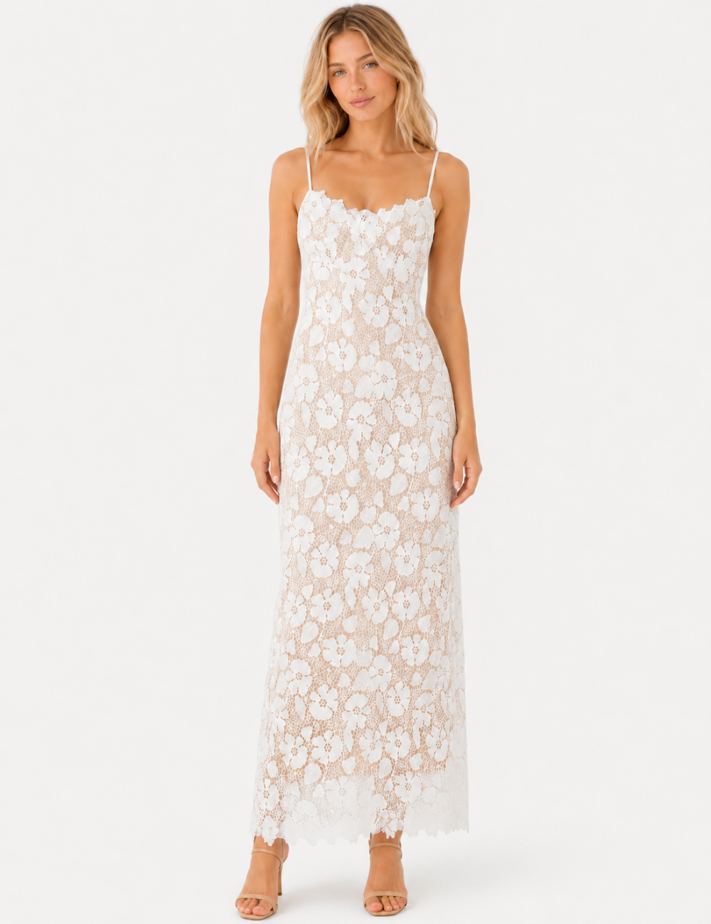 Ladies Chic Floral Embroidery Lace Spaghetti Strap Maxi Dress