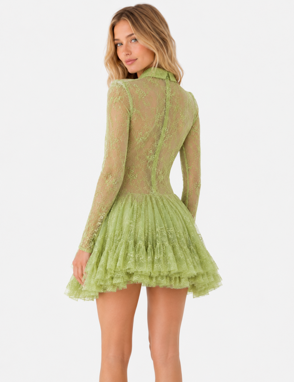 Ladies Chic Sheer Lace Shirt Collar Flared Sleeves Ruffle Blouse