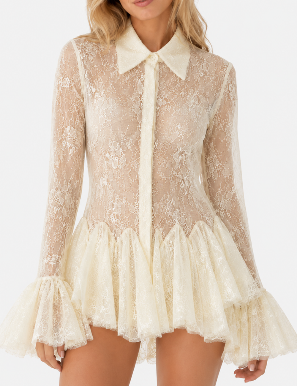 Ladies Chic Sheer Lace Shirt Collar Flared Sleeves Ruffle Blouse