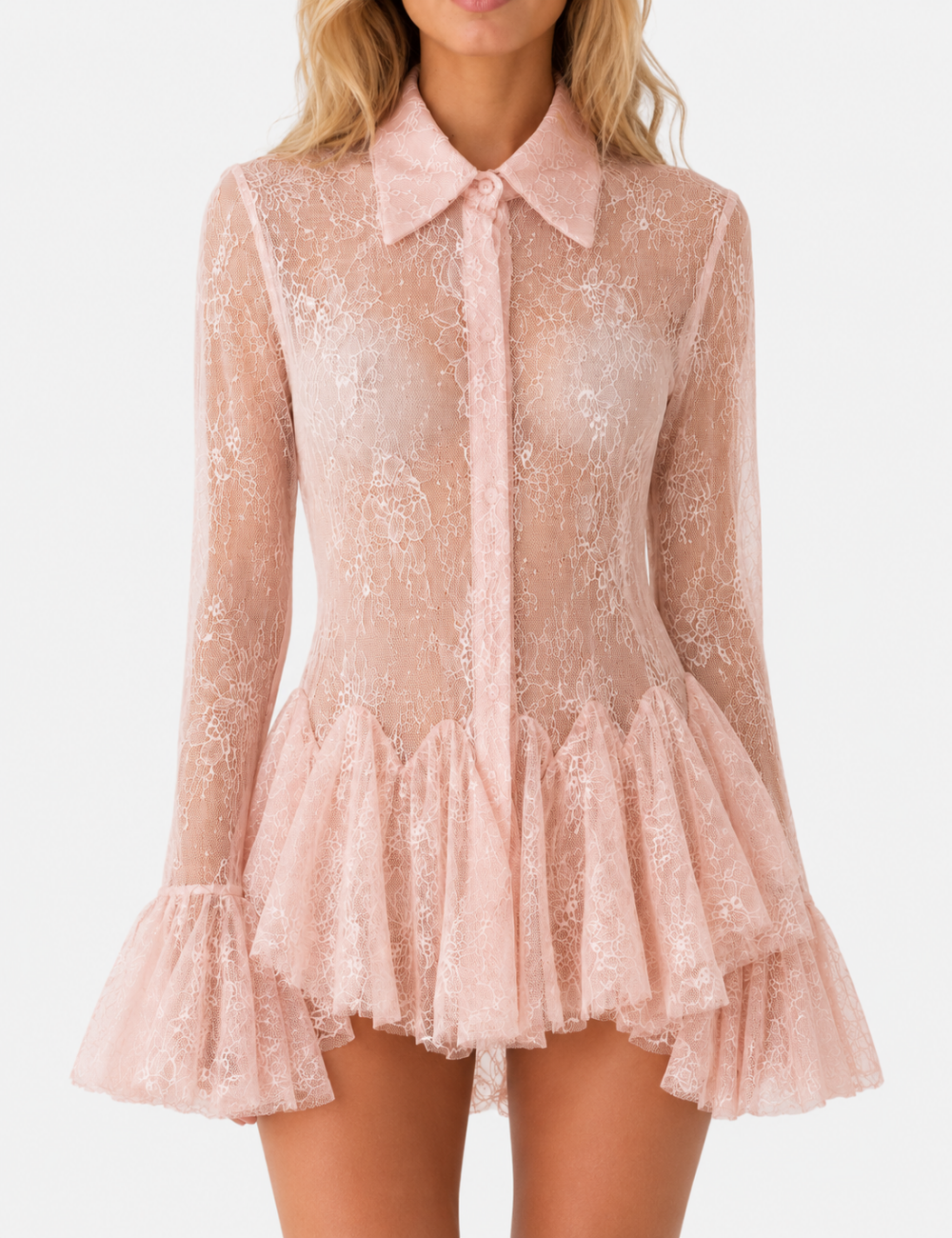 Ladies Chic Sheer Lace Shirt Collar Flared Sleeves Ruffle Blouse