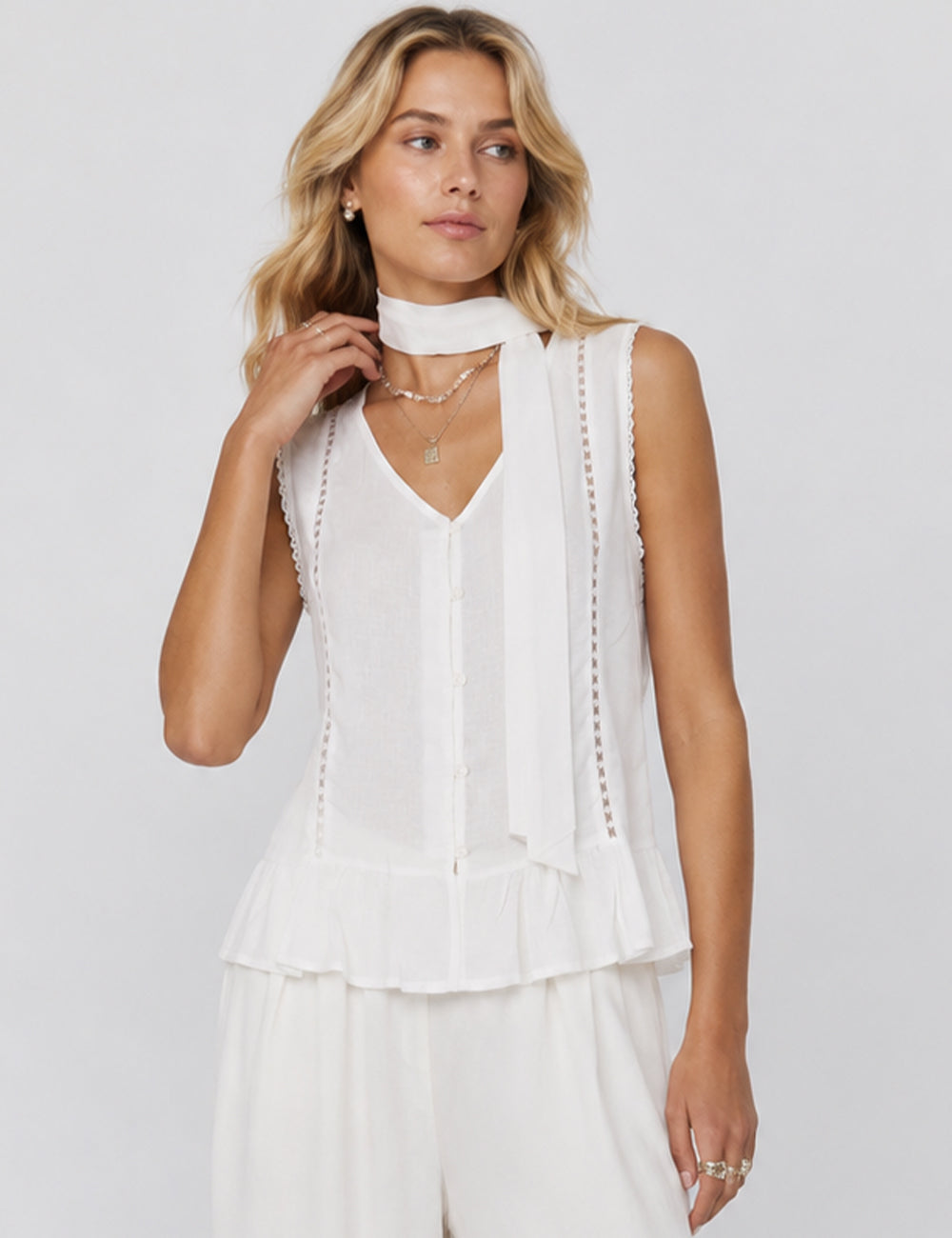 Ladies Scarf Neck Ruffle Hem Button Sleeveless Top