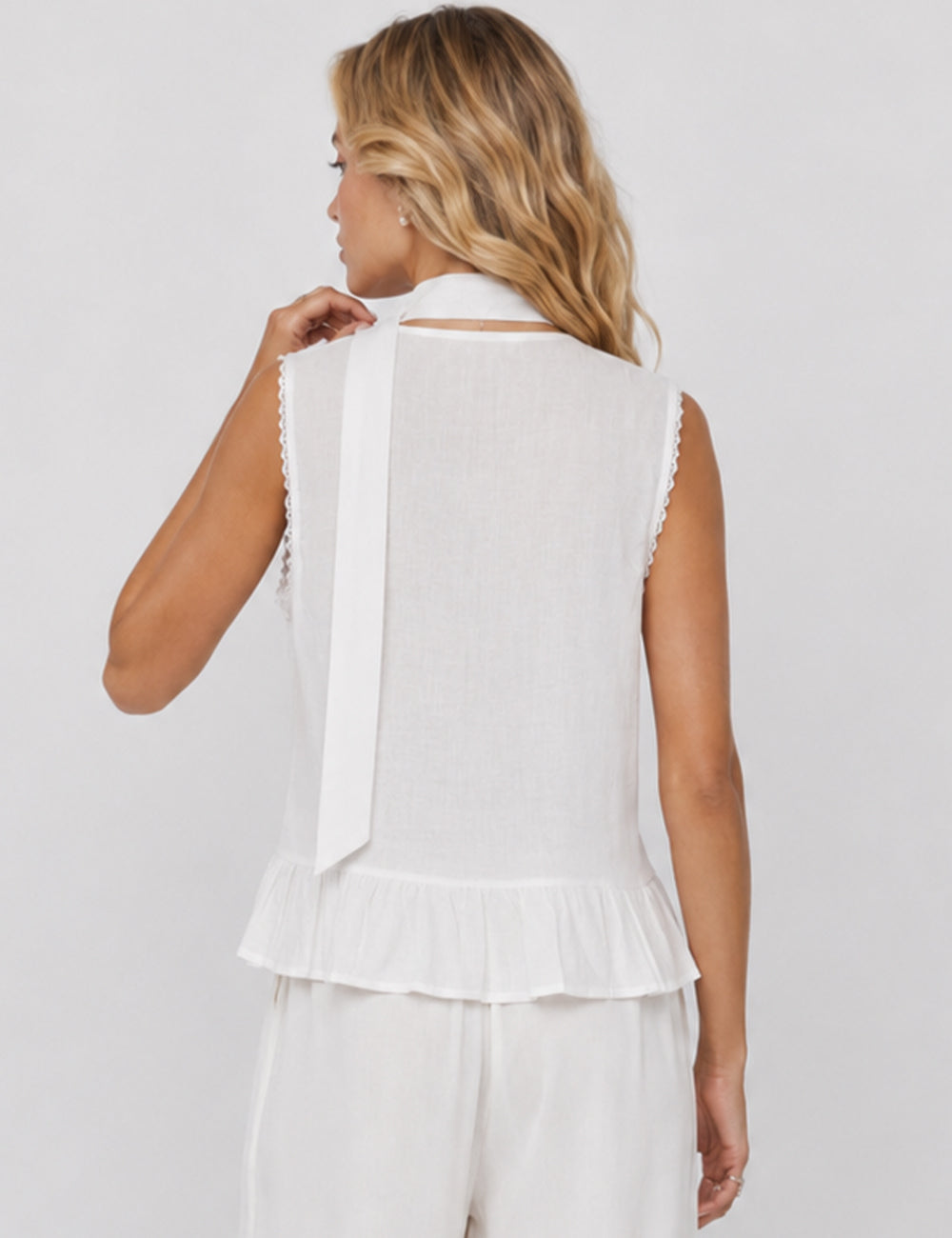 Ladies Scarf Neck Ruffle Hem Button Sleeveless Top