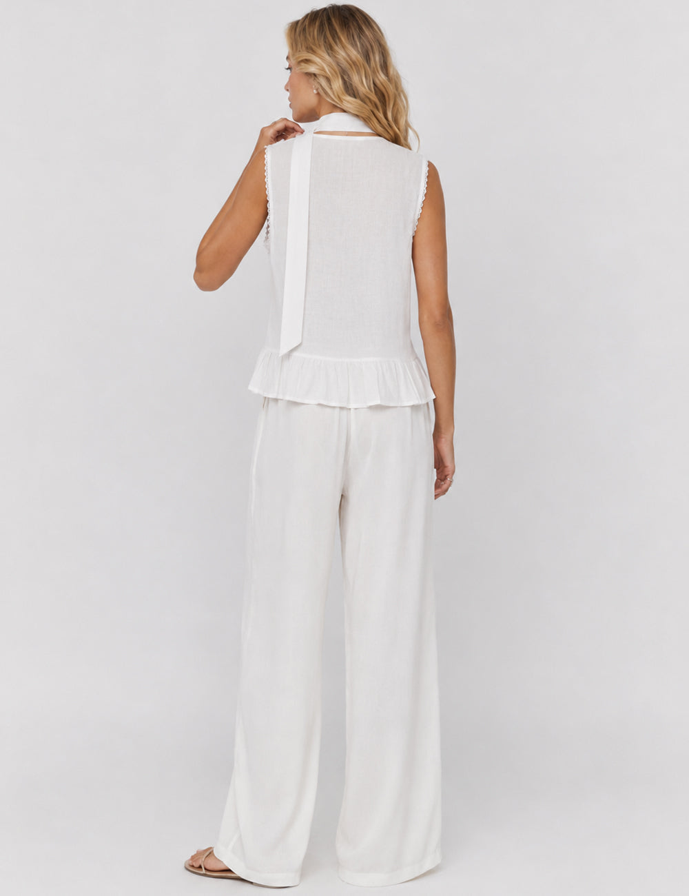 Ladies Scarf Neck Ruffle Hem Button Sleeveless Top